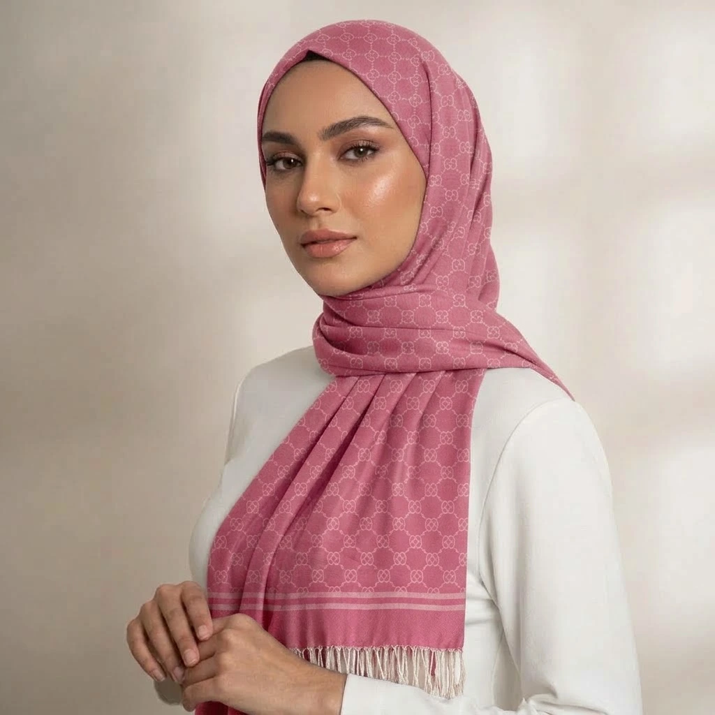 Luxury Interlocking Monogram Jacquard Scarf – Premium Silk Jamawar Stole with Fringe Tassels