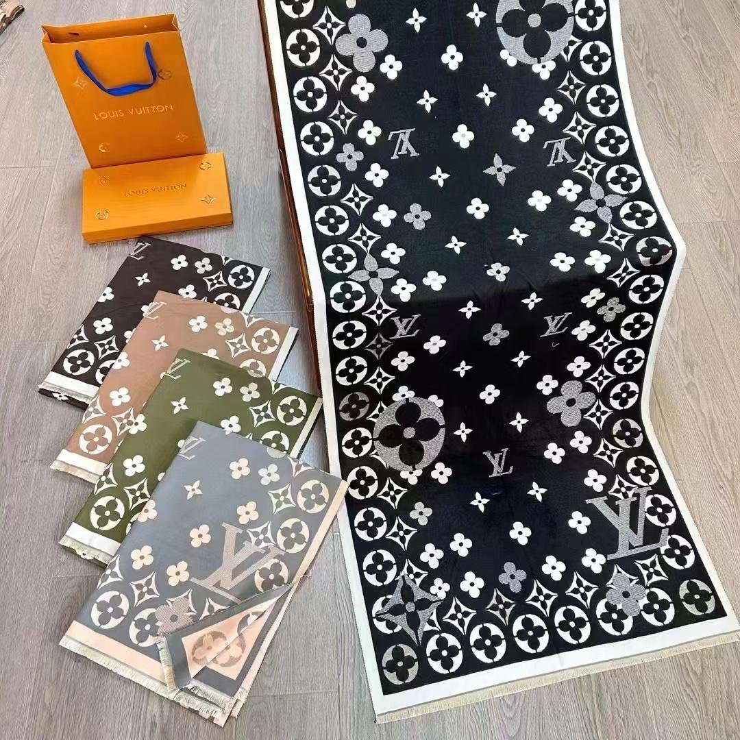 Luxury Floral Monogram Wool Blend Scarf – Designer Cashmere Feel Winter Stole with Gift Box Packaging